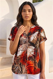 Leaf Print Pintuck Stretch Top