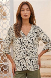 Abstract Print Embellished Button Up Blouse