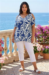 Curve Floral Print V-Neck Cold Shoulder Top