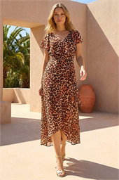 Animal Print Wrap Chiffon Midi Dress