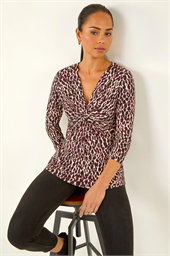 Petite Animal Print Twist Front Top