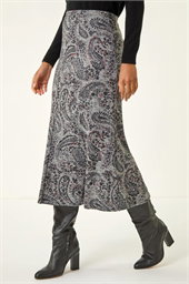 Paisley Print Stretch Midi Skirt