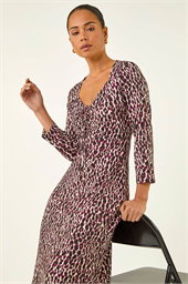 Petite Animal Print Ruched Stretch Midi Dress