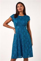 Sequin Fluted Hem Lace Stretch Dress