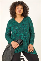 Curve Paisley Print V-Neck Stretch Top