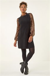 Animal Print Frill Knitted Dress