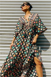 Geo Print V-Neck Frill Maxi Dress