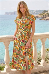 Fruit Print Belted Midi Dress