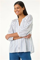 Dobby Stripe Print V-Neck Blouse