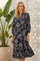 Floral Puff Print Buttoned Midi Dress