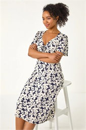 Petite Floral Ruched Stretch Midi Dress