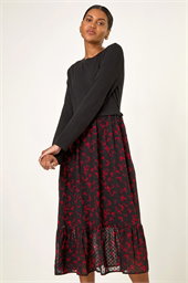 Contrast Print Mesh Skirt Midi Dress