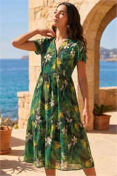 Tropical Leaf Print V-Neck Midi Dress