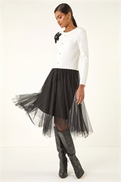 Buttoned Knit Mesh Midi Dress