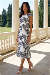 Palm Print Lace Godet Hem Dress