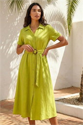 Linen Look Belted Shirt Dress