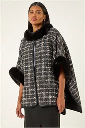Faux Fur Jacquard Knit Poncho