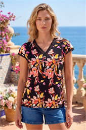 Lace Floral Trim V-Neck Top