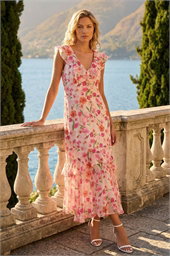 Floral Print Chiffon V-Neck Midi Dress