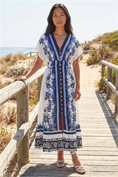 Petite Border Print V-Neck Midi Dress 