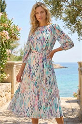 Blurred Print Pleat Neck Midi Dress