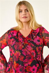 Curve Floral Ruffle Mesh Top
