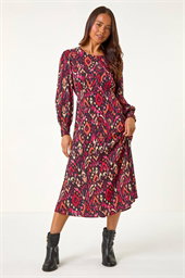 Petite Abstract Print Shirred Cuff Midi Dress