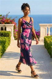 Floral Print Cowl Neck Midi Dress