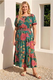 Curve Floral Shirred Waist Midi Dress