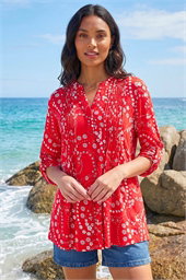 Ditsy Print Pintuck Stretch Shirt