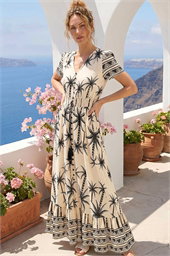 Palm Print Button Tie Maxi Dress