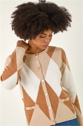 Fluffy Argyle Knit Cardigan