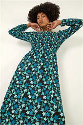 Floral Print Shirred Stretch Midi Dress