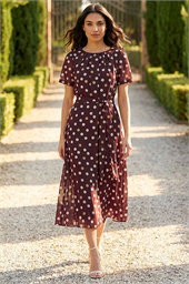 Polka Dot Pleat Neck Midi Dress