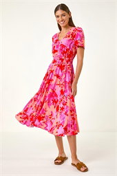Shadow Floral Print Shirred Midi Dress