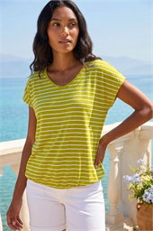 Stripe Print V-Neck Stretch Tee