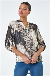 V-Neck Animal Print Shimmer Stripe Top