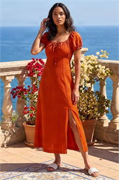 Puff Sleeve Linen Blend Midi Dress