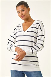 Stripe Print Knitted V-Neck Longline Jumper