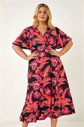 Curve Leaf Print Wrap Midi Dress