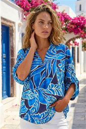Leaf Print Pleated Collared Top