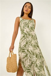 Petite Leaf Print Button Midi Dress