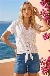 V-Neck Broderie Stretch Jersey Tie Front Top