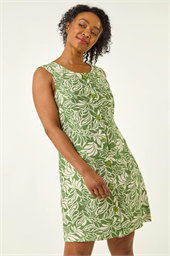 Petite Leaf Print Buttoned A-Line Dress
