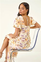 Petite Floral Ruched Stretch Midi Dress