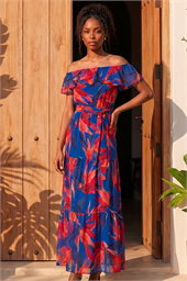 Floral Print Bardot Belted Maxi Dress
