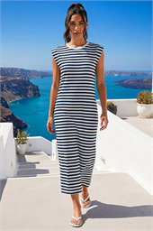 Ribbed Stripe Cap Sleeve Midi Dress