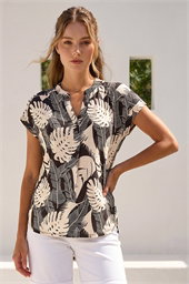 Textured Leaf Print V-Neck Stretch Top