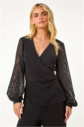 Petite Jacquard Contrast V-Neck Wrap Top
