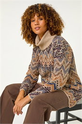 Jacquard Pattern Turtle Neck Knit Jumper